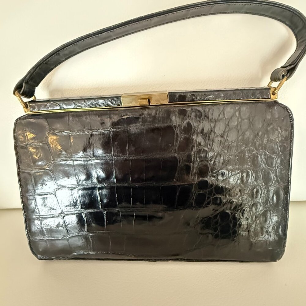 VINTAGE BELLESTONE BLACK ALLIGATOR HANDBAG RED LEATHER INTERIOR 1950S PURSE